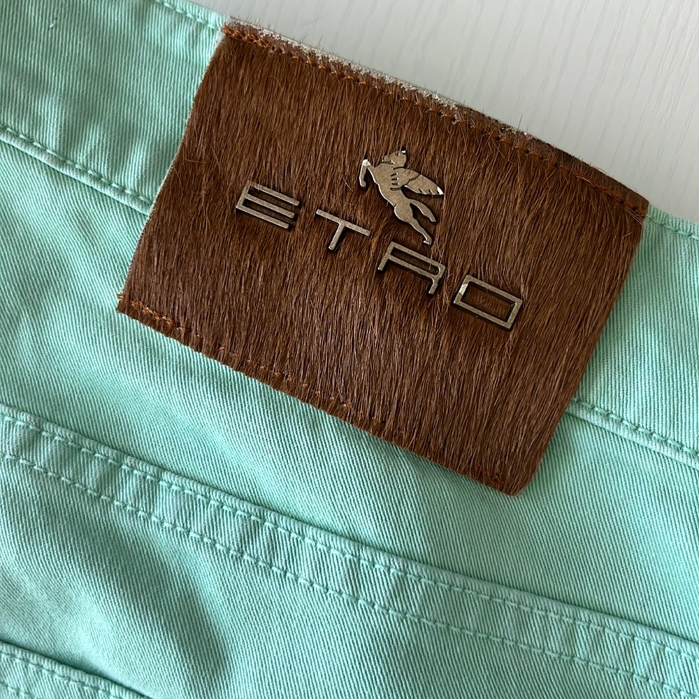 Etro Ponyhair Tag Cotton Mint Branded Leather Straight Leg Denim Jeans